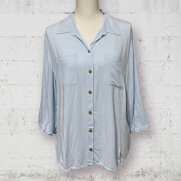 COLLECTION L | Light Blue Collared Button Down 3/4 Sleeve Thin Blouse Size 14 - Picture 7 of 7